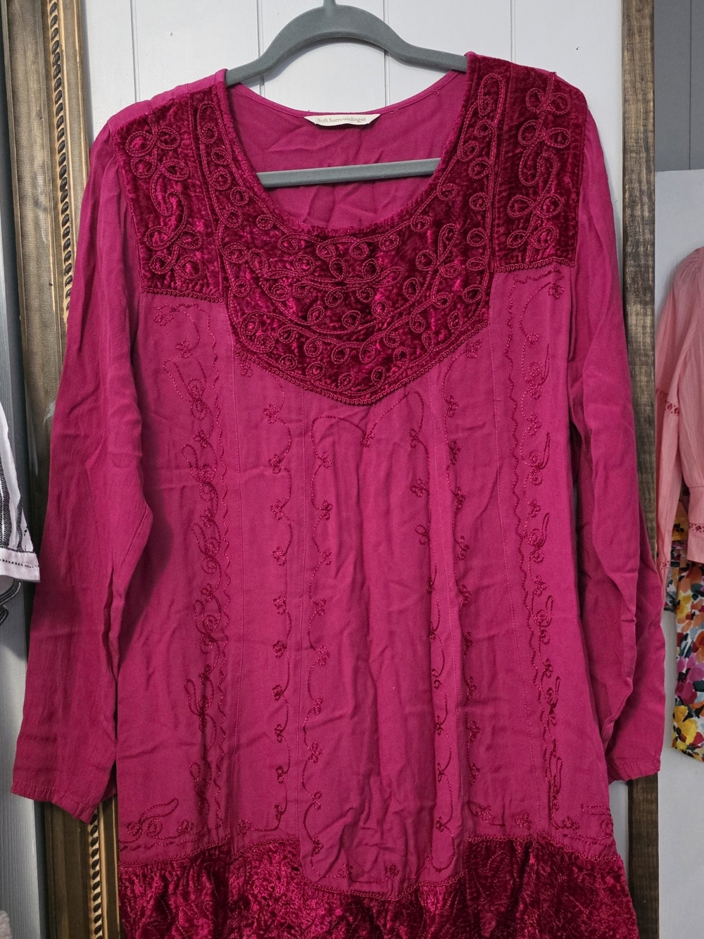 Soft Surroundings Fuchsia Embroidered Velvet Yoke Tunic